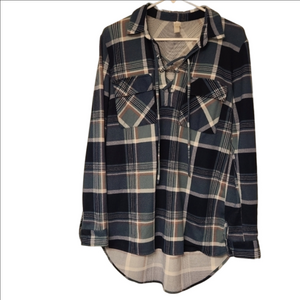 Warehouse One Womens Lace Up Plaid Flannel Shirt Multicolor Navy Blue Medium